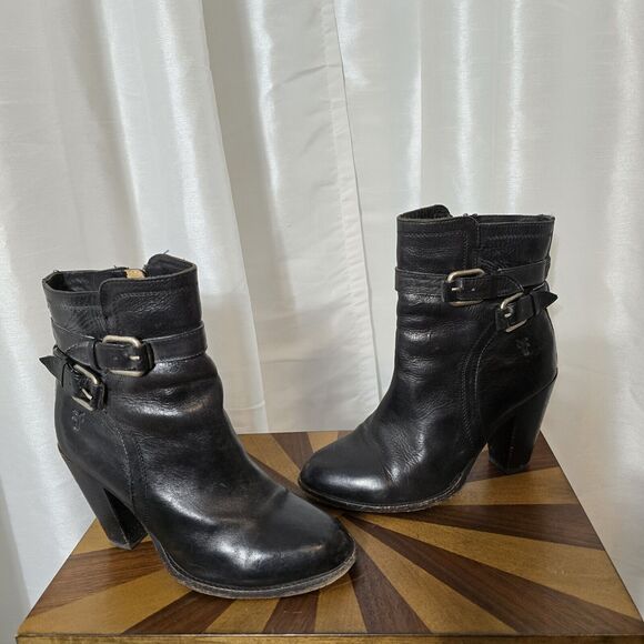 Frye Jenny Shield Size 7 Boots Ankle Buckle Motorcycle Biker Leather Black Heels - Picture 1 of 16